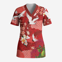 Hawaiian and Japanese Culture Together Scrub Top Red Ohia Lehua Plumeria and Sakura Blooming LT03 Adult Red - Polynesian Pride