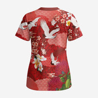 Hawaiian and Japanese Culture Together Scrub Top Red Ohia Lehua Plumeria and Sakura Blooming LT03 - Polynesian Pride