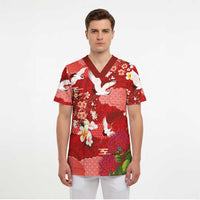 Hawaiian and Japanese Culture Together Scrub Top Red Ohia Lehua Plumeria and Sakura Blooming LT03 - Polynesian Pride