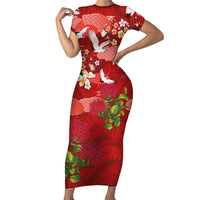 Hawaiian and Japanese Culture Together Short Sleeve Bodycon Dress Red Ohia Lehua Plumeria and Sakura Blooming LT03 Long Dress Red - Polynesian Pride