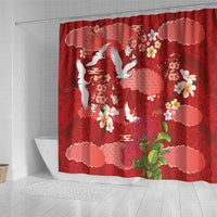 Hawaiian and Japanese Culture Together Shower Curtain Red Ohia Lehua Plumeria and Sakura Blooming LT03 - Polynesian Pride