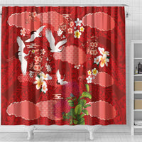 Hawaiian and Japanese Culture Together Shower Curtain Red Ohia Lehua Plumeria and Sakura Blooming LT03 - Polynesian Pride