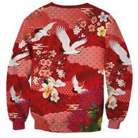 Hawaiian and Japanese Culture Together Sweatshirt Red Ohia Lehua Plumeria and Sakura Blooming LT03 - Polynesian Pride