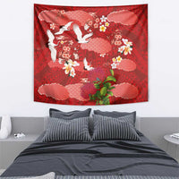 Hawaiian and Japanese Culture Together Tapestry Red Ohia Lehua Plumeria and Sakura Blooming LT03 - Polynesian Pride