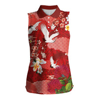 Hawaiian and Japanese Culture Together Women Sleeveless Polo Shirt Red Ohia Lehua Plumeria and Sakura Blooming LT03 Female Red - Polynesian Pride