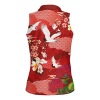 Hawaiian and Japanese Culture Together Women Sleeveless Polo Shirt Red Ohia Lehua Plumeria and Sakura Blooming LT03 - Polynesian Pride