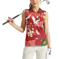 Hawaiian and Japanese Culture Together Women Sleeveless Polo Shirt Red Ohia Lehua Plumeria and Sakura Blooming LT03 - Polynesian Pride