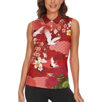 Hawaiian and Japanese Culture Together Women Sleeveless Polo Shirt Red Ohia Lehua Plumeria and Sakura Blooming LT03 - Polynesian Pride