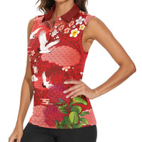 Hawaiian and Japanese Culture Together Women Sleeveless Polo Shirt Red Ohia Lehua Plumeria and Sakura Blooming LT03 - Polynesian Pride