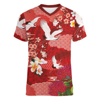 Hawaiian and Japanese Culture Together Women V-Neck T-Shirt Red Ohia Lehua Plumeria and Sakura Blooming LT03 Female Red - Polynesian Pride