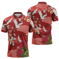 Hawaiian and Japanese Culture Together Zipper Polo Shirt Red Ohia Lehua Plumeria and Sakura Blooming LT03 - Polynesian Pride