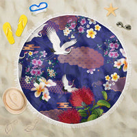 Hawaiian and Japanese Culture Together Beach Blanket Blue Ohia Lehua Plumeria and Sakura Blooming LT03 One Size 150cm Blue - Polynesian Pride