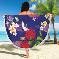 Hawaiian and Japanese Culture Together Beach Blanket Blue Ohia Lehua Plumeria and Sakura Blooming LT03 - Polynesian Pride