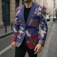 Hawaiian and Japanese Culture Together Blazer Blue Ohia Lehua Plumeria and Sakura Blooming LT03 - Polynesian Pride