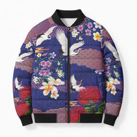 Hawaiian and Japanese Culture Together Bomber Puffer Jacket Blue Ohia Lehua Plumeria and Sakura Blooming LT03 Unisex Blue - Polynesian Pride