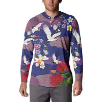 Hawaiian and Japanese Culture Together Button Sweatshirt Blue Ohia Lehua Plumeria and Sakura Blooming LT03 - Polynesian Pride