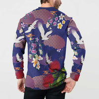 Hawaiian and Japanese Culture Together Button Sweatshirt Blue Ohia Lehua Plumeria and Sakura Blooming LT03 - Polynesian Pride