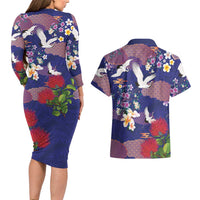 Hawaiian and Japanese Culture Together Couples Matching Long Sleeve Bodycon Dress and Hawaiian Shirt Blue Ohia Lehua Plumeria and Sakura Blooming LT03 - Polynesian Pride