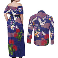 Hawaiian and Japanese Culture Together Couples Matching Off Shoulder Maxi Dress and Long Sleeve Button Shirt Blue Ohia Lehua Plumeria and Sakura Blooming LT03 - Polynesian Pride