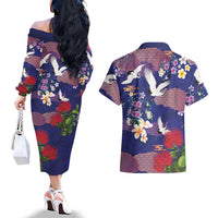 Hawaiian and Japanese Culture Together Couples Matching Off The Shoulder Long Sleeve Dress and Hawaiian Shirt Blue Ohia Lehua Plumeria and Sakura Blooming LT03 - Polynesian Pride