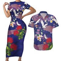Hawaiian and Japanese Culture Together Couples Matching Short Sleeve Bodycon Dress and Hawaiian Shirt Blue Ohia Lehua Plumeria and Sakura Blooming LT03 Blue - Polynesian Pride