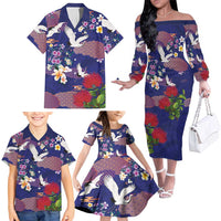 Hawaiian and Japanese Culture Together Family Matching Off The Shoulder Long Sleeve Dress and Hawaiian Shirt Blue Ohia Lehua Plumeria and Sakura Blooming LT03 - Polynesian Pride