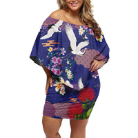 Hawaiian and Japanese Culture Together Family Matching Off Shoulder Short Dress and Hawaiian Shirt Blue Ohia Lehua Plumeria and Sakura Blooming LT03 Mom's Dress Blue - Polynesian Pride