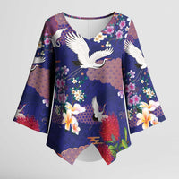 Hawaiian and Japanese Culture Together Kimono Sleeve Blouse Blue Ohia Lehua Plumeria and Sakura Blooming LT03 Female Blue - Polynesian Pride