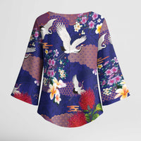 Hawaiian and Japanese Culture Together Kimono Sleeve Blouse Blue Ohia Lehua Plumeria and Sakura Blooming LT03 - Polynesian Pride