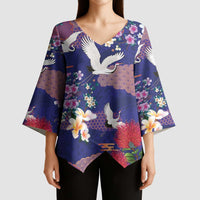 Hawaiian and Japanese Culture Together Kimono Sleeve Blouse Blue Ohia Lehua Plumeria and Sakura Blooming LT03 - Polynesian Pride