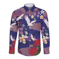 Hawaiian and Japanese Culture Together Long Sleeve Button Shirt Blue Ohia Lehua Plumeria and Sakura Blooming LT03 Unisex Blue - Polynesian Pride