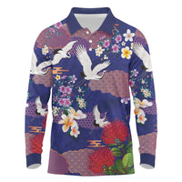 Hawaiian and Japanese Culture Together Long Sleeve Polo Shirt Blue Ohia Lehua Plumeria and Sakura Blooming LT03 Blue - Polynesian Pride