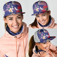 Hawaiian and Japanese Culture Together Mesh Trucker Cap Blue Ohia Lehua Plumeria and Sakura Blooming LT03 - Polynesian Pride