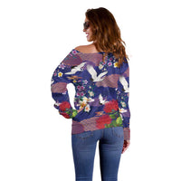 Hawaiian and Japanese Culture Together Off Shoulder Sweater Blue Ohia Lehua Plumeria and Sakura Blooming LT03 - Polynesian Pride