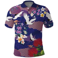 Hawaiian and Japanese Culture Together Polo Shirt Blue Ohia Lehua Plumeria and Sakura Blooming LT03 Blue - Polynesian Pride
