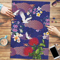 Hawaiian and Japanese Culture Together Puzzle Blue Ohia Lehua Plumeria and Sakura Blooming LT03 Blue - Polynesian Pride