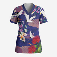 Hawaiian and Japanese Culture Together Scrub Top Blue Ohia Lehua Plumeria and Sakura Blooming LT03 Adult Blue - Polynesian Pride