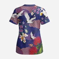 Hawaiian and Japanese Culture Together Scrub Top Blue Ohia Lehua Plumeria and Sakura Blooming LT03 - Polynesian Pride