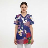Hawaiian and Japanese Culture Together Scrub Top Blue Ohia Lehua Plumeria and Sakura Blooming LT03 - Polynesian Pride