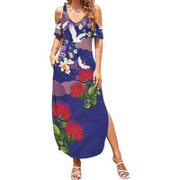 Hawaiian and Japanese Culture Together Summer Maxi Dress Blue Ohia Lehua Plumeria and Sakura Blooming LT03 Women Blue - Polynesian Pride