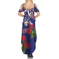 Hawaiian and Japanese Culture Together Summer Maxi Dress Blue Ohia Lehua Plumeria and Sakura Blooming LT03 - Polynesian Pride