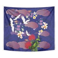 Hawaiian and Japanese Culture Together Tapestry Blue Ohia Lehua Plumeria and Sakura Blooming LT03 - Polynesian Pride