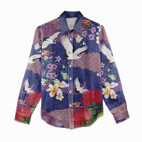Hawaiian and Japanese Culture Together Women Casual Shirt Blue Ohia Lehua Plumeria and Sakura Blooming - Polynesian Pride