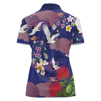 Hawaiian and Japanese Culture Together Women Polo Shirt Blue Ohia Lehua Plumeria and Sakura Blooming LT03 - Polynesian Pride