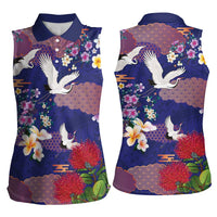Hawaiian and Japanese Culture Together Women Sleeveless Polo Shirt Blue Ohia Lehua Plumeria and Sakura Blooming LT03 - Polynesian Pride