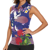 Hawaiian and Japanese Culture Together Women Sleeveless Polo Shirt Blue Ohia Lehua Plumeria and Sakura Blooming LT03 - Polynesian Pride