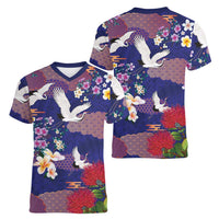 Hawaiian and Japanese Culture Together Women V-Neck T-Shirt Blue Ohia Lehua Plumeria and Sakura Blooming LT03 - Polynesian Pride