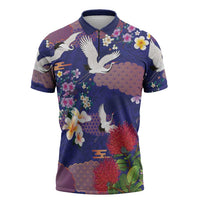 Hawaiian and Japanese Culture Together Zipper Polo Shirt Blue Ohia Lehua Plumeria and Sakura Blooming LT03 Blue - Polynesian Pride