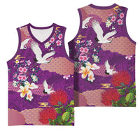 Hawaiian and Japanese Culture Together Basketball Jersey Purple Ohia Lehua Plumeria and Sakura Blooming LT03 - Polynesian Pride