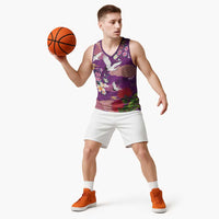 Hawaiian and Japanese Culture Together Basketball Jersey Purple Ohia Lehua Plumeria and Sakura Blooming LT03 - Polynesian Pride
